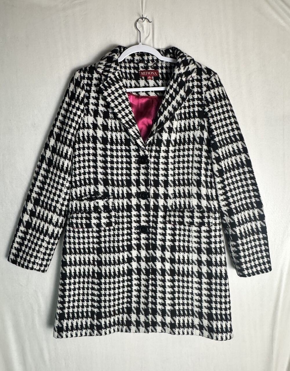 Parisian Style Houndstooth Coat Black White Wool Blend Classic Old Money Chic M